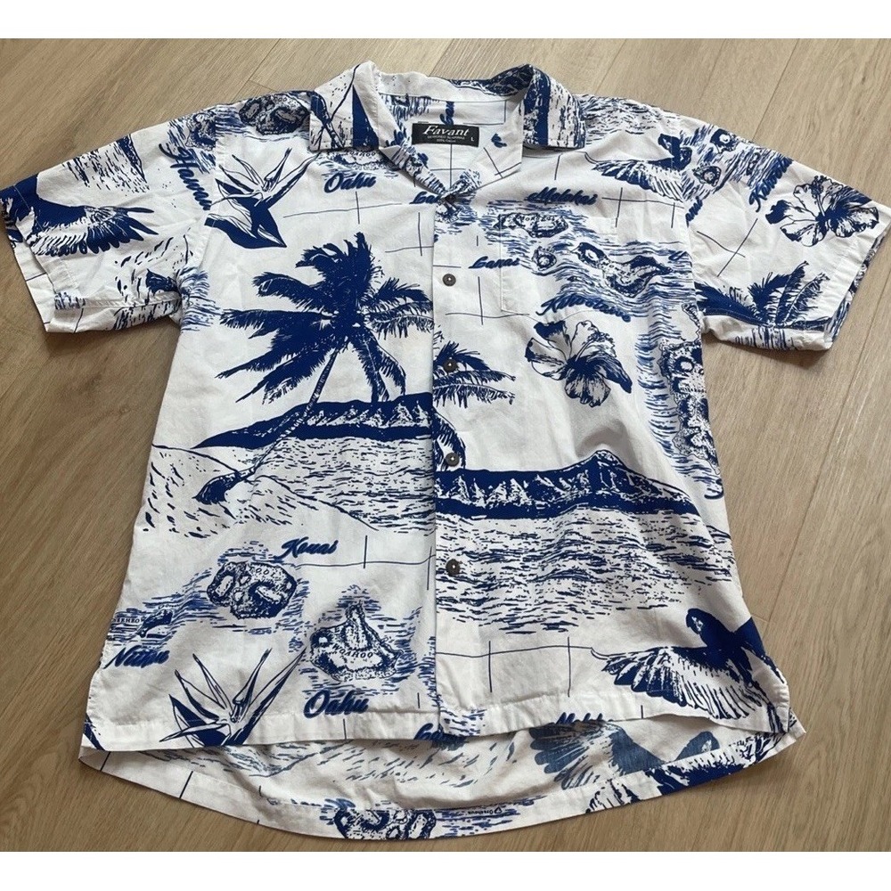 Vintage FAVANT Hawaiian Islands Aloha Button Shirt Men's Large Short Sleeve